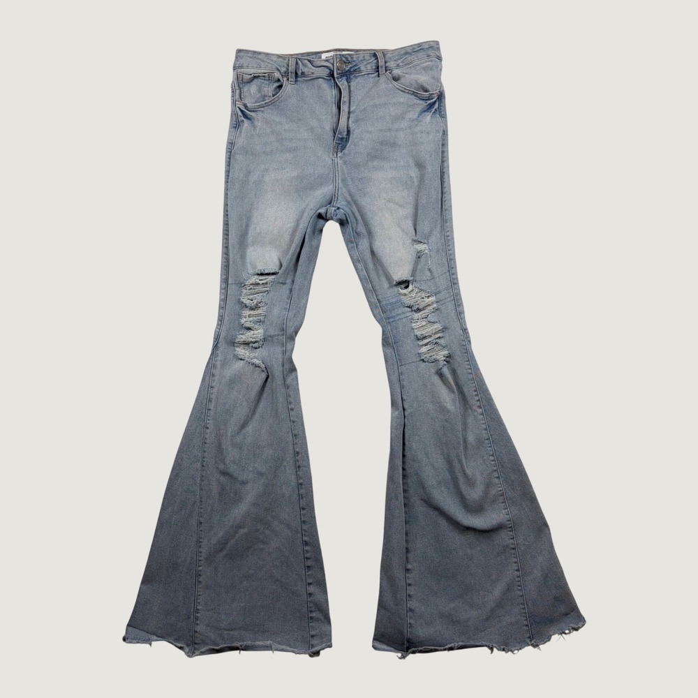 Refuge Denim Super Flare Jeans High Rise Distressed Wide Leg 11 Boho Festival